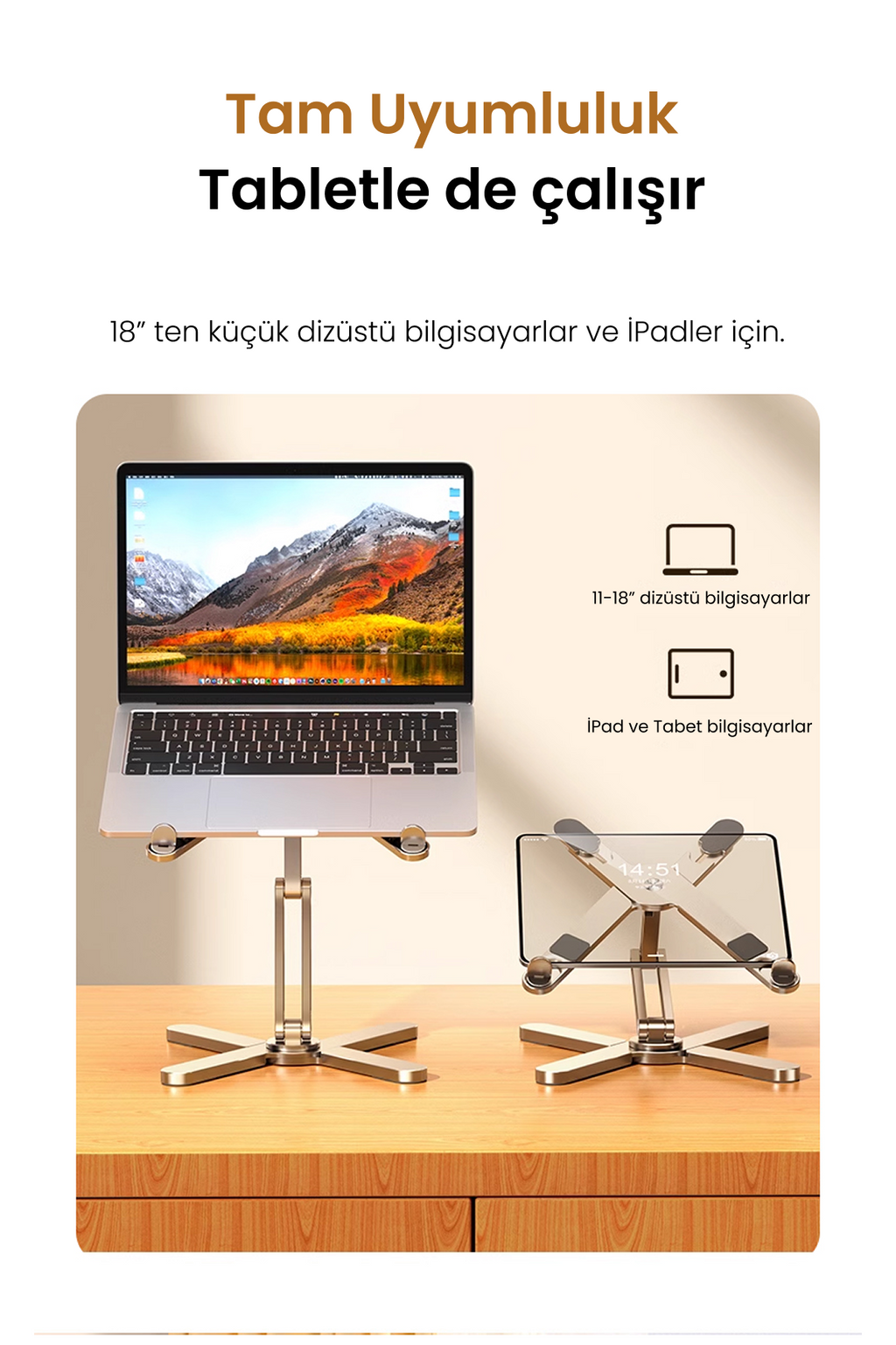 Frisby 3 Eksenli Yüksekliği Ayarlanan Alüminyum Ergonomik Laptop Standı, Laptop Yükseltici 15.6"