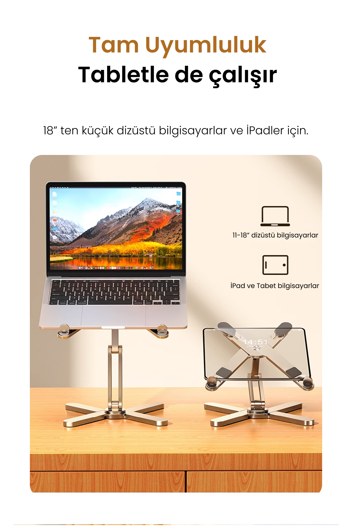 Frisby 3 Eksenli Yüksekliği Ayarlanan Alüminyum Ergonomik Laptop Standı, Laptop Yükseltici 15.6"
