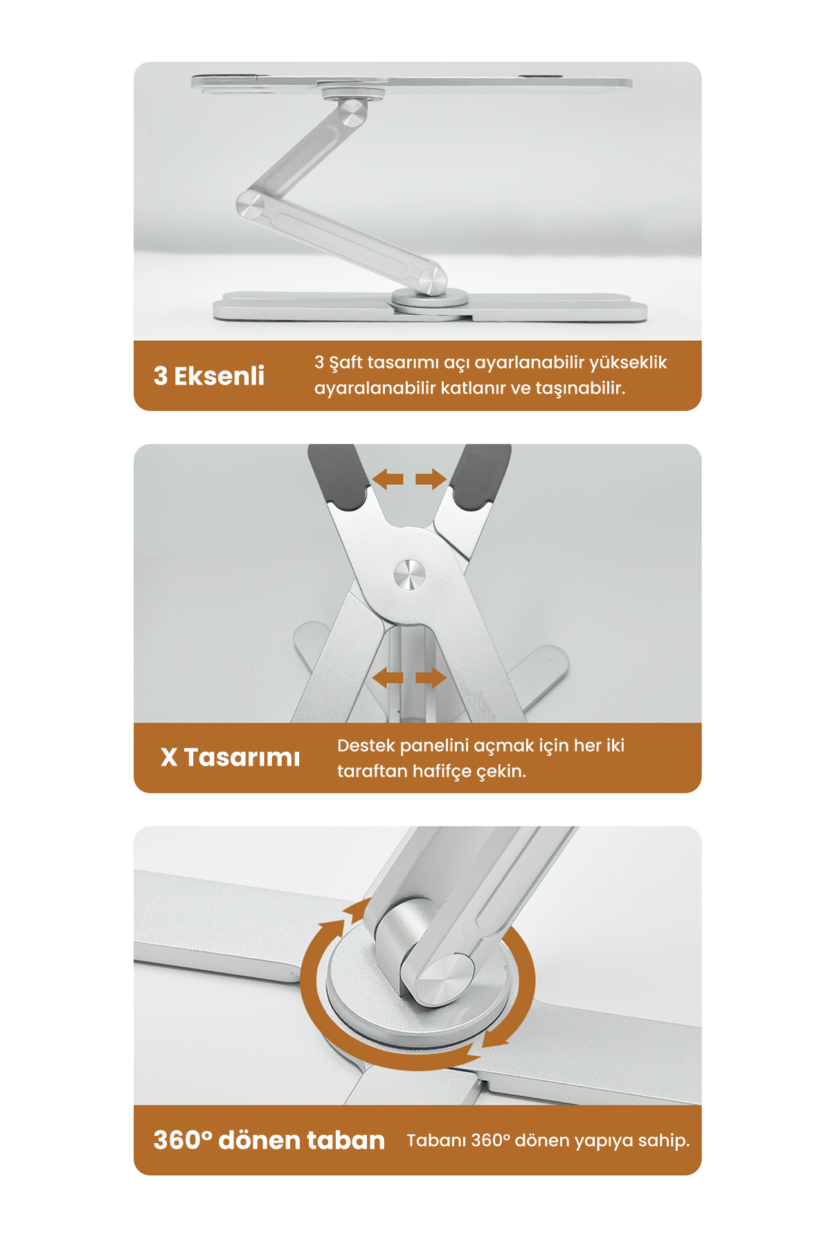 Frisby 3 Eksenli Yüksekliği Ayarlanan Alüminyum Ergonomik Laptop Standı, Laptop Yükseltici 15.6"