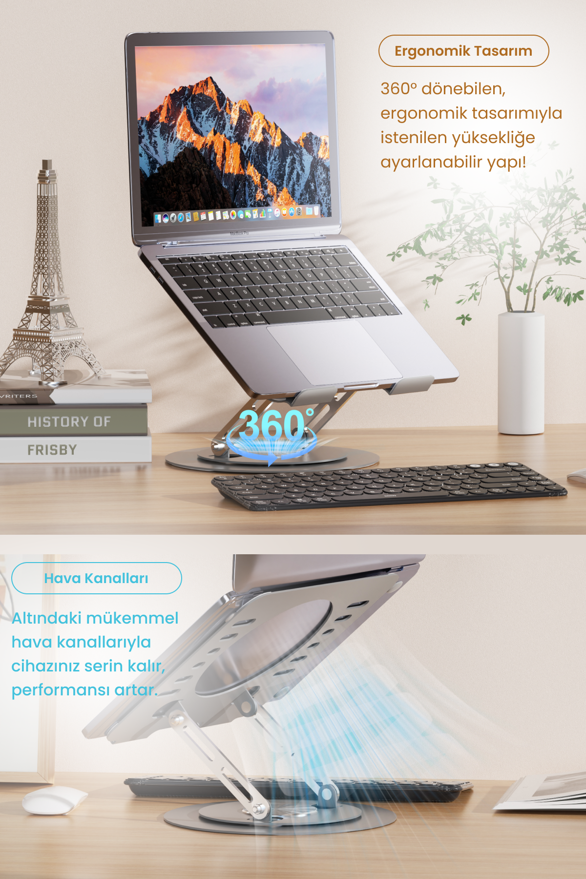 Frisby Yüksekliği Ayarlanan 360° Dönebilen Alüminyum Ergonomik Laptop Standı, Laptop Yükseltici 10” ~ 15.6”
